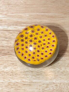 Art Glass Hand Blown Paperweight Yellow Floral Millefiori Red Yellow Desk Decor
